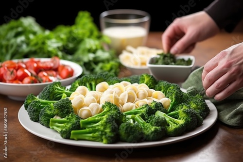 hand garnishing orecchiette and broccoli rabe dish with grated cheese photo