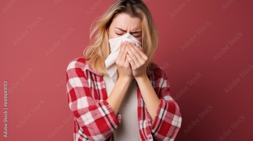 young woman with an allergy or cold sneezes and covers her face with a handkerchief on a color background, illness, sick girl, medicine, health, asthma, stuffy nose, virus, cough, treatment, soreness young woman with an allergy or cold sneezes and covers her face with a handkerchief on a color background, illness, sick girl, medicine, health, asthma, stuffy nose, virus, cough, treatment, soreness