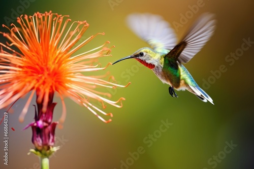 hummingbird hovering near a brightly colored flower
