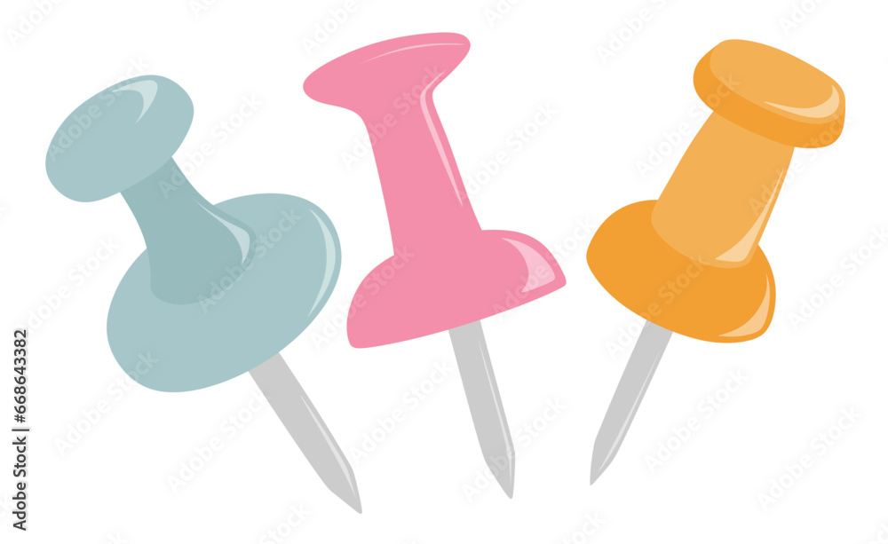 Push pin icon vector set. solated on white background flat color cartoon style. Push pin icon vector set. solated on white background flat color cartoon style.