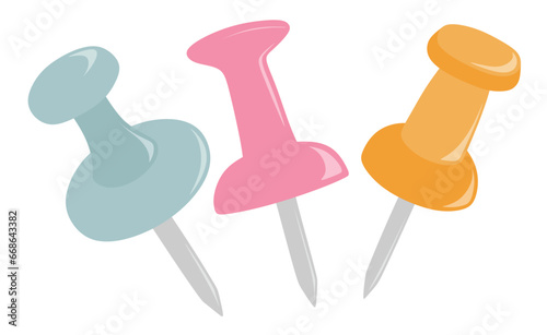 Push pin icon vector set. solated on white background flat color cartoon style.