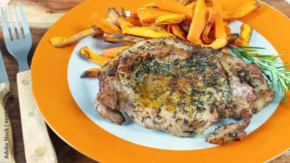 steak de porc et frites de patates douces dans une assiette