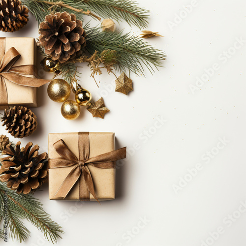 Christmas New Year card background with fir branches, cones, balls, gift box and ribbons. Flat lay with empty copy space © SappiStudio