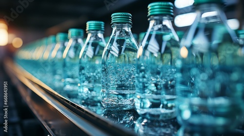 Closeup of bottles of bottled water in factory. Generative AI.