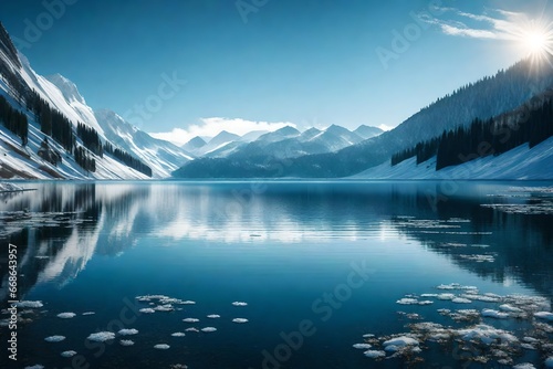 dark blue water lake with light snow falling on the surface of water with full face of shinig moon 