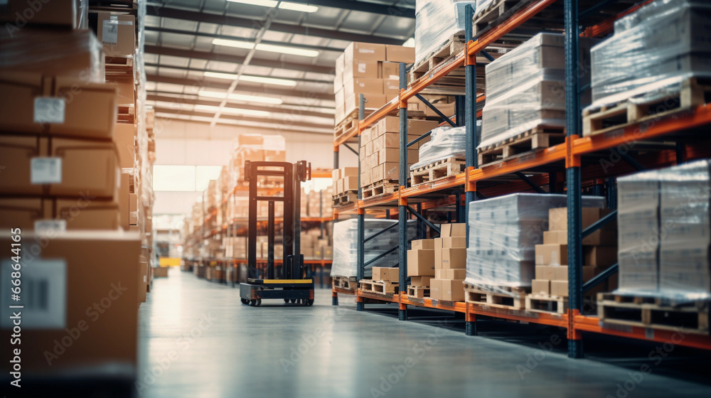 Retail warehouse full of shelves with goods in cartons and crates, with pallets and forklifts. Logistics and transportation. Retail warehouse full of shelves with goods in cartons and crates, with pallets and forklifts. Logistics and transportation.