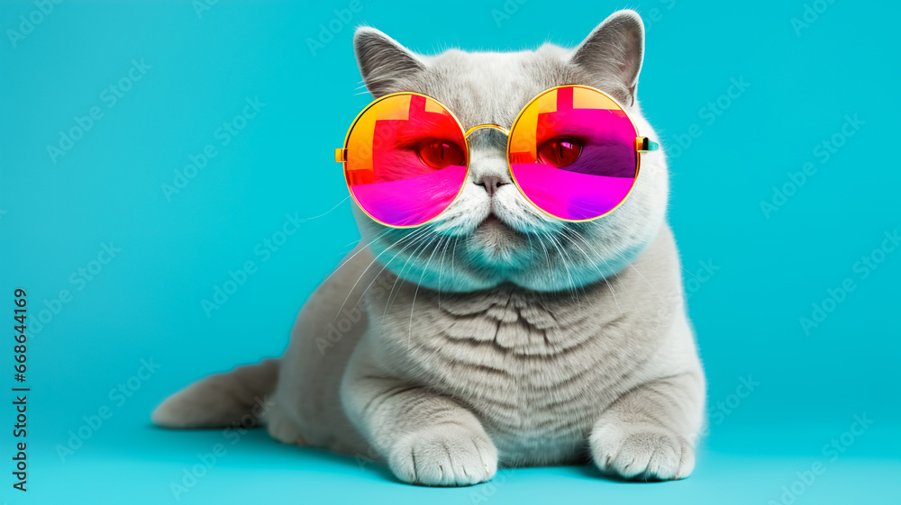 Portrait shot of British shorthair cat with cute face with sunglasses,colorful moody studio background.summer and vacation concepts