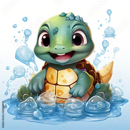 Adorable turtle sipping cool drinks  surrounded by water bubbles  in a playful digital art setting.