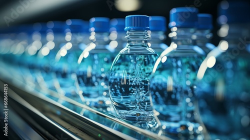 Closeup of bottles of bottled water in factory. Generative AI. photo