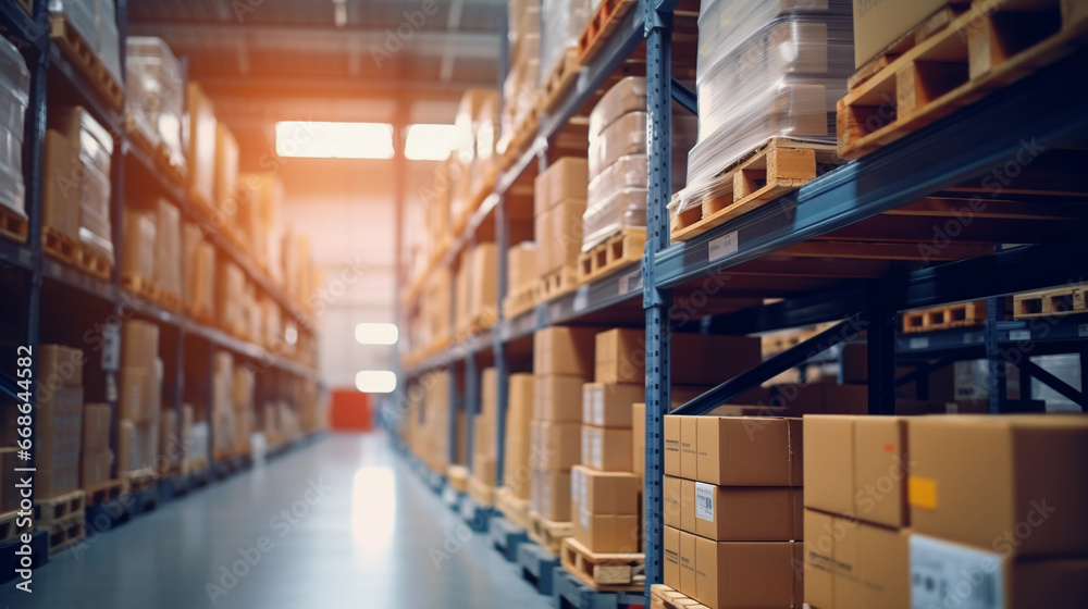 Retail warehouse full of shelves with goods in cartons and crates, with pallets and forklifts. Logistics and transportation.