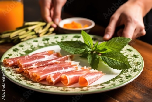 hand placing mint leaves on a prosciutto and melon plate