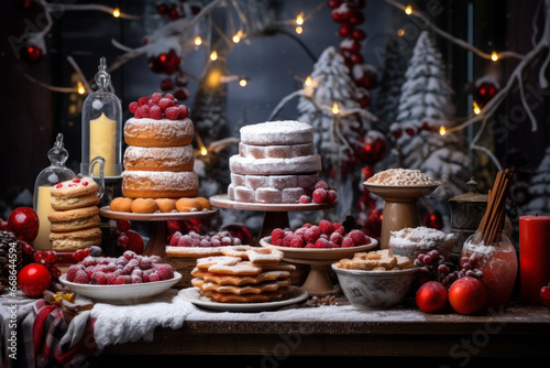 Christmas table with holiday baking. Christmas eve food