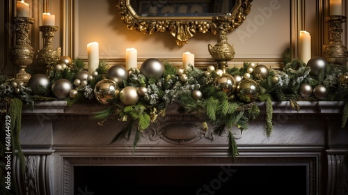 close up of luxury fireplace mantel silver decoration with fir garland, Christmas balls and candles