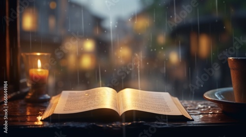 book and candles with blurred glassy window background generated by AI tool