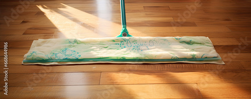 washing wooden laminate floor using microfiber swiffer or wet mop pad, homework cleaning routine concept. housekeeping work detail.