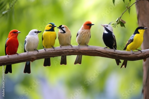 different species of birds perched on the same tree branch