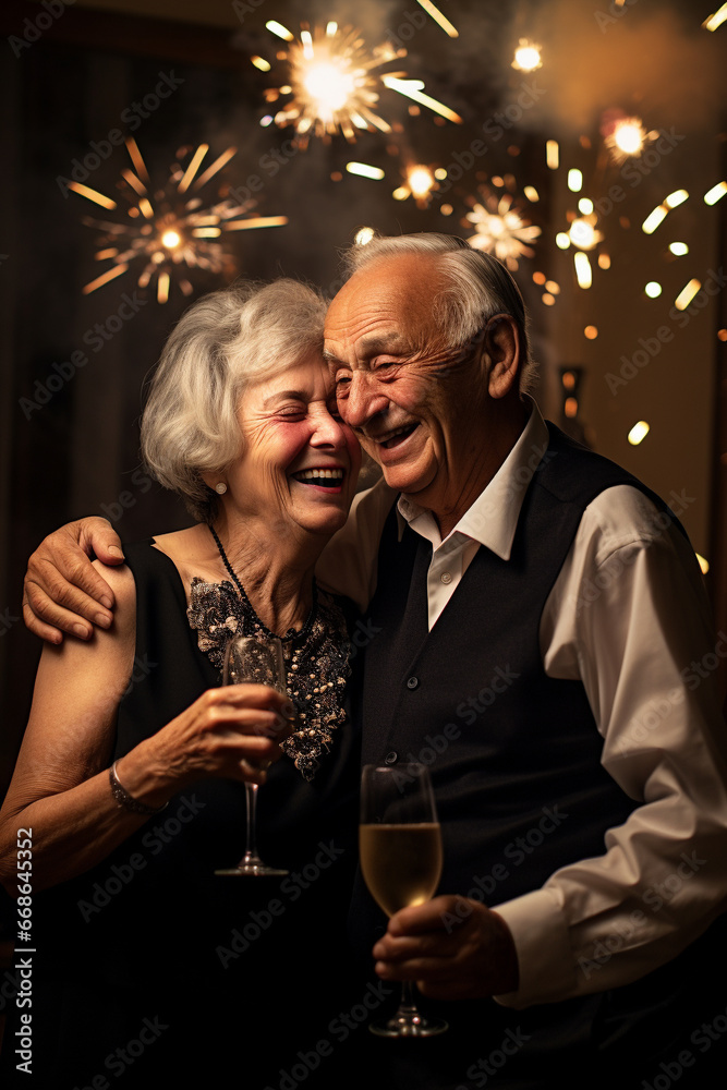 Elderly senior couple celebrating New Years Evening at home together. Generative AI Elderly senior couple celebrating New Years Evening at home together. Generative AI