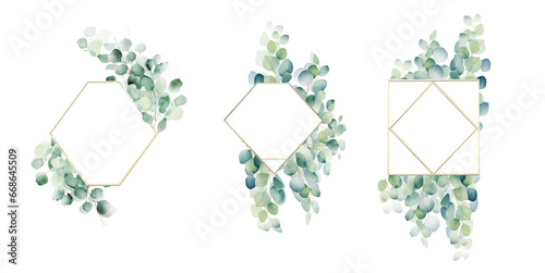 Set of frame with eucalyptus leaves. Greenery frame. Rustic style. For wedding, birthday, party. Watercolor frame, isolated cutout on transparent background. Png