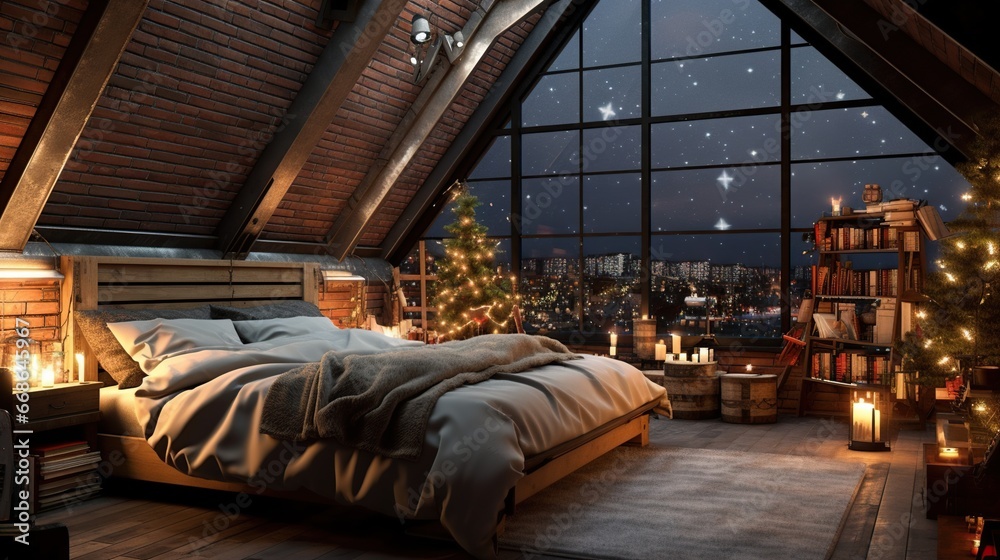 modern loft-style bedroom with slanted walls, large window and decorated Christmas tree