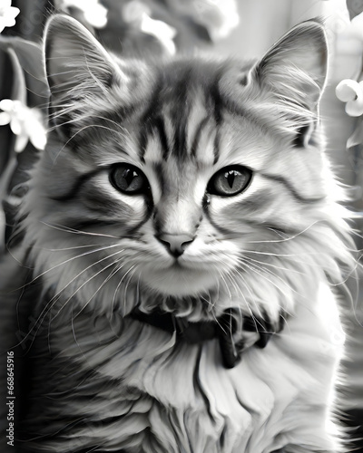 Siberian cat and easter eggs in black and white.