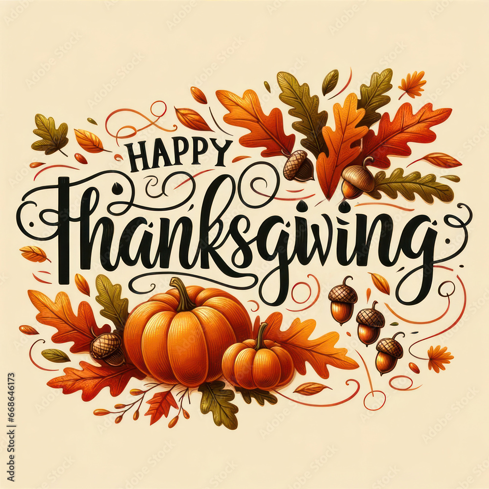 Obraz premium Happy Thanksgiving greeting card. Turkeys, cornucopias, cranberries, corn, pumpkins and beans. Copy space layout for text with the holiday theme. Traditional meal, family gathering illustration.