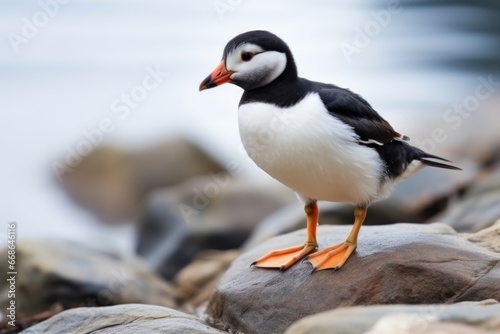 puffin standing on a rocky cliff by the sea © altitudevisual