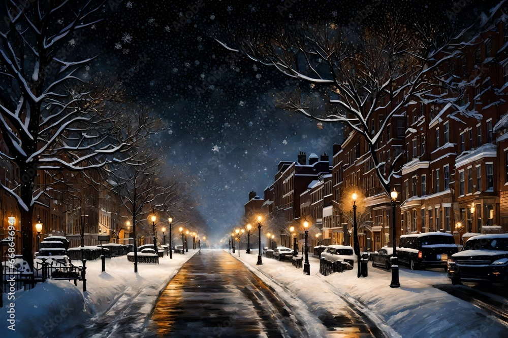 A Picturesque Scene of Falling Snow Blanketing a Cozy Hut, Quiet Street, and Majestic Mountain, Illuminated by the Soft Glow of Bright Lights, with Roofs Glistening under a Thick Blanket of Snow A Picturesque Scene of Falling Snow Blanketing a Cozy Hut, Quiet Street, and Majestic Mountain, Illuminated by the Soft Glow of Bright Lights, with Roofs Glistening under a Thick Blanket of Snow