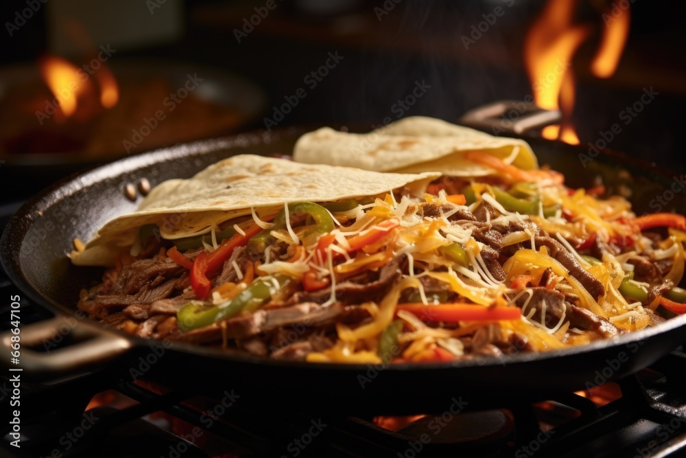 shredded cheese melting on hot sizzling fajitas