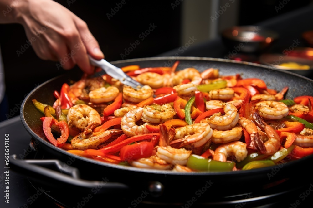 placing freshly cooked shrimp onto a heated fajita pan placing freshly cooked shrimp onto a heated fajita pan