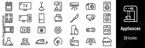 Home Appliances Web Icons. Vacuum Cleaner, Coffee Machine, Dishwasher, Game Console, Desktop computer. Vector in Line Style Icons