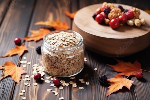flat lay of oats jar with scattered berries on a wooden table