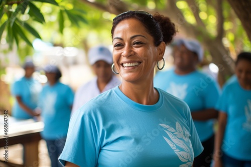 Cheerful woman wearing a light blue t-shirt under a white canopy, other volunteers in similar blue shirts are engaged in various activities photo