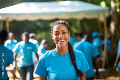 Cheerful woman wearing a light blue t-shirt under a white canopy, other volunteers in similar blue shirts are engaged in various activities