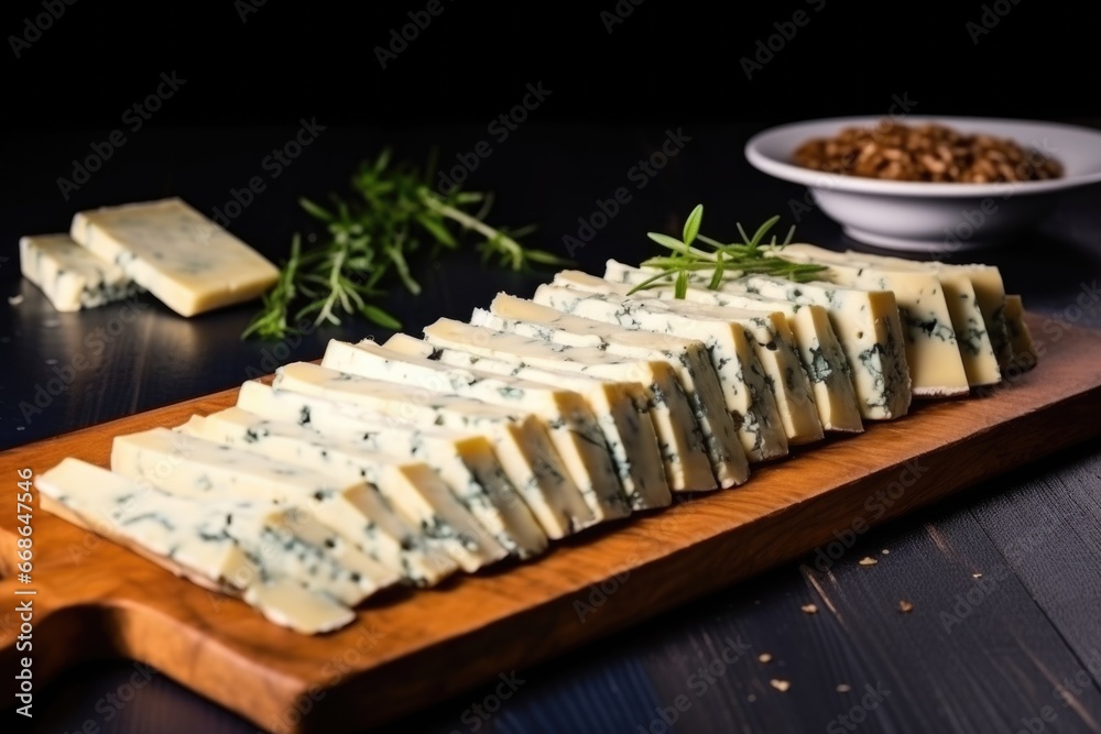 rye crackers with slices of roquefort cheese arranged in a straight line rye crackers with slices of roquefort cheese arranged in a straight line