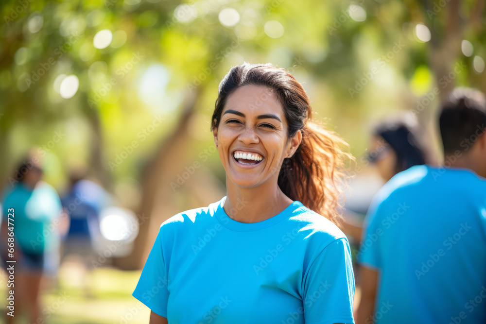 Cheerful woman wearing a light blue t-shirt under a white canopy, other volunteers in similar blue shirts are engaged in various activities Cheerful woman wearing a light blue t-shirt under a white canopy, other volunteers in similar blue shirts are engaged in various activities
