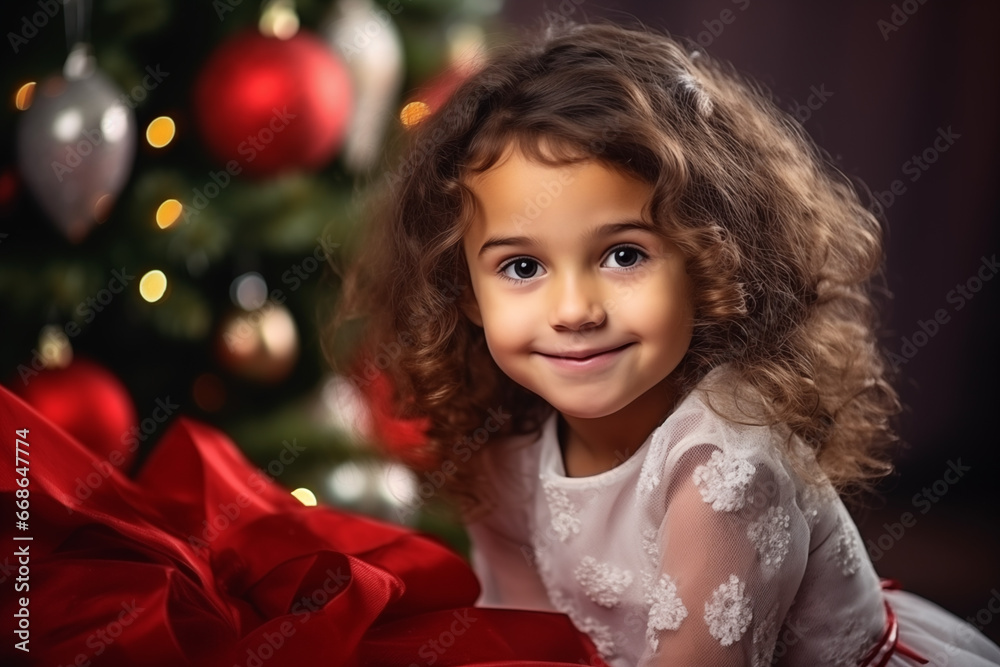 Portrait of a cute little girl with Christmas tree in the background