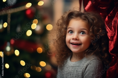 Portrait of a cute little girl with Christmas tree in the background
