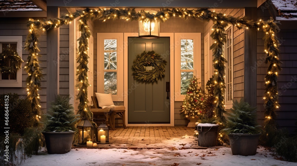 Christmas front porch adorned with twinkling lights and garlands, creating a warm and welcoming atmosphere for holiday guests