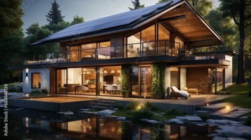 Eco-friendly house with solar panels. Generative AI. © ProVector