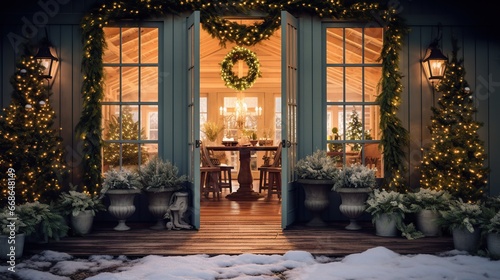 Christmas back porch adorned with twinkling lights and garlands  creating a warm and welcoming atmosphere