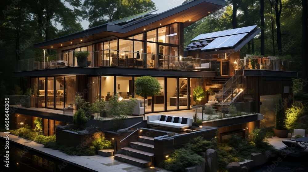 Eco-friendly house with solar panels. Generative AI. Eco-friendly house with solar panels. Generative AI.