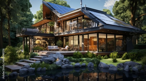 Eco-friendly house with solar panels. Generative AI.