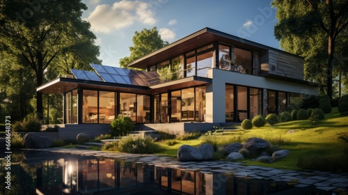 Eco-friendly house with solar panels. Generative AI. © ProVector