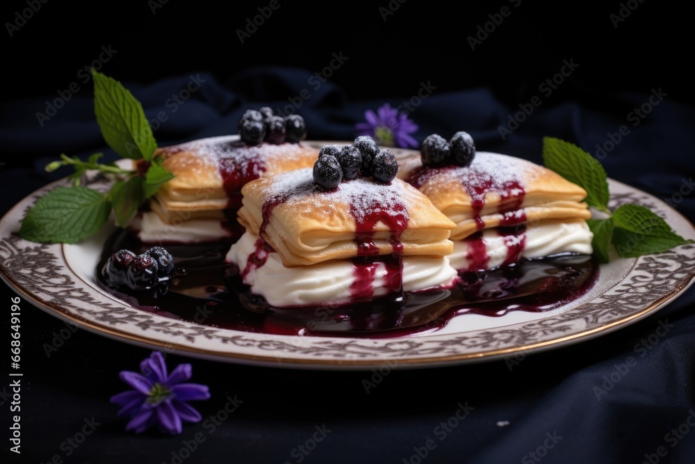 vegan blintzes with blueberry filling placed on a white plate vegan blintzes with blueberry filling placed on a white plate