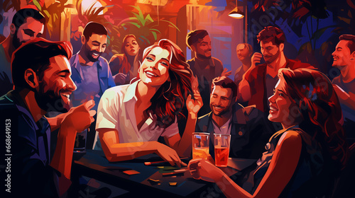 illustration of A throng of young people, both men and women, are having a good time in a bar, lit up by bright lights