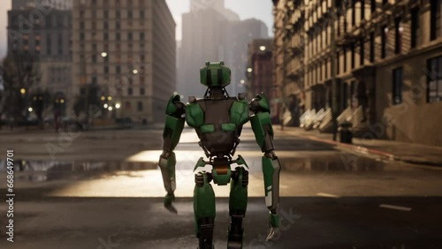 robot walking along a deserted street in a big city. humanoid AI robot crossing street. 3d animation. future automation job.