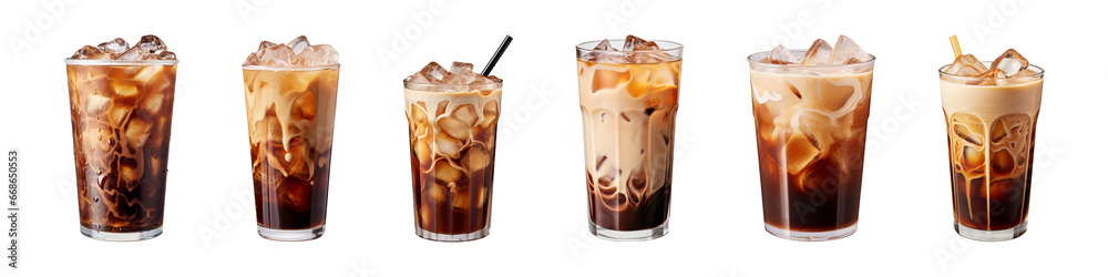 collection of a glass of iced coffee isolated on a transparent background - obrazy, fototapety, plakaty 