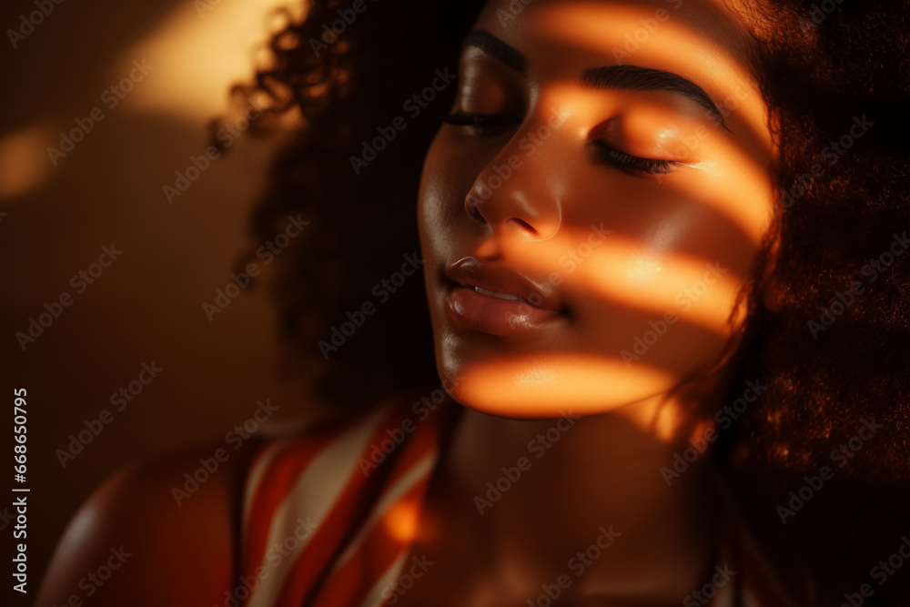 Shadows over a sensual black woman with flawless skin