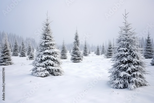 a snowy landscape with decorated christmas trees