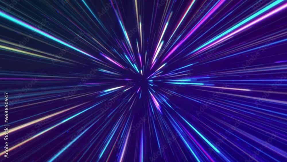 4K light burst tunnel background. Blue and purple speed of light space technology animation video